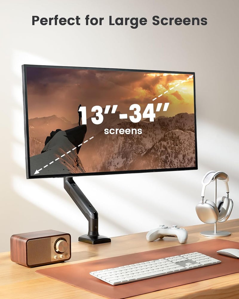 ErGear Single Monitor Arm for 13-34 inch Screens, Adjustable Gas Spring Monitor Mount Holds up to 22 lbs, Computer Monitor Stand with VESA Mount, C-Clamp & Grommet Base, Max VESA 100x100mm, - Image 2